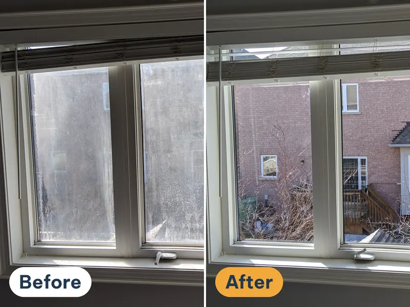 Before and after: the same white casement window with foggy glass, then with clear new sealed units