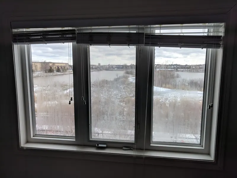 Before: three-panel window with cloudy glass blurring a pond view